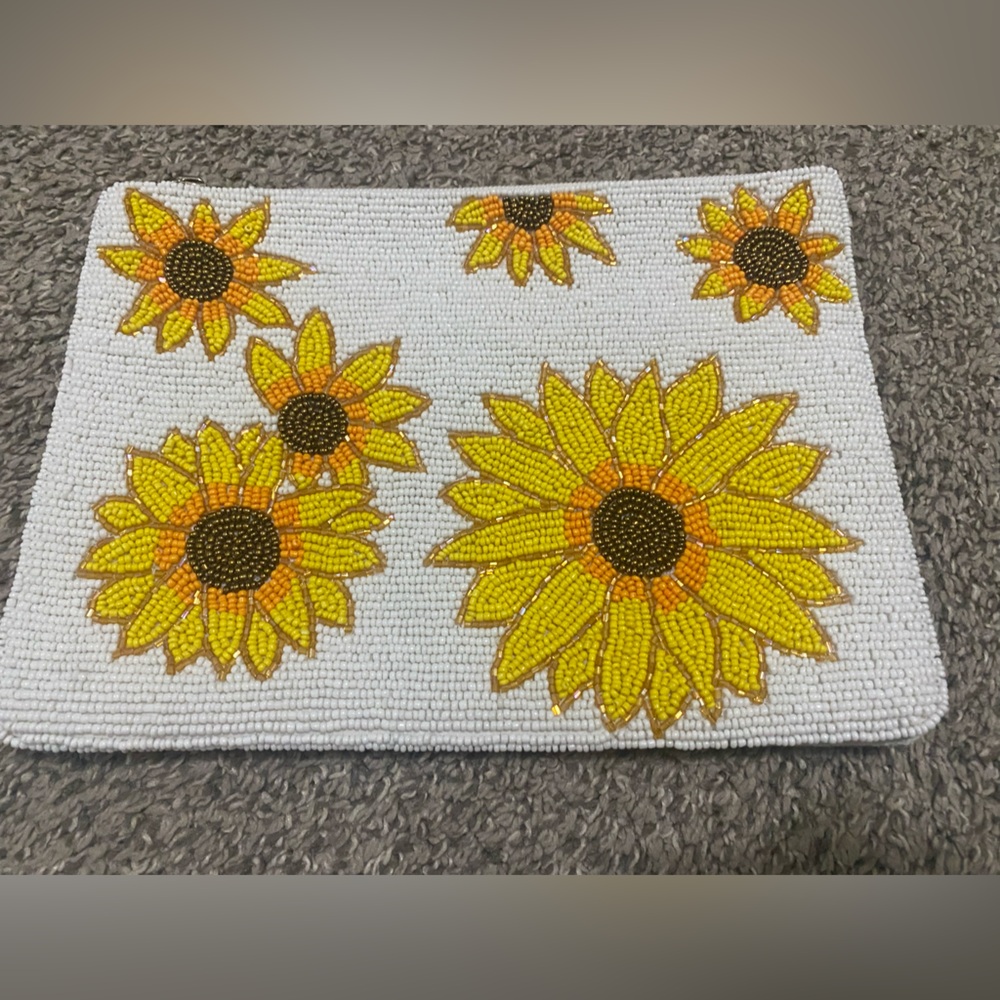 New Sunflower Floral White Beaded Canvas Zipper Clutch Summer Boho Sun Picnic